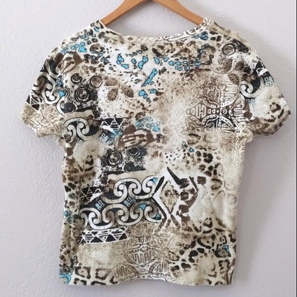 Chico's Short Sleeve Cotton V-neck Printed Top, Brown / Beige / Turquoise - Picture 2 of 7